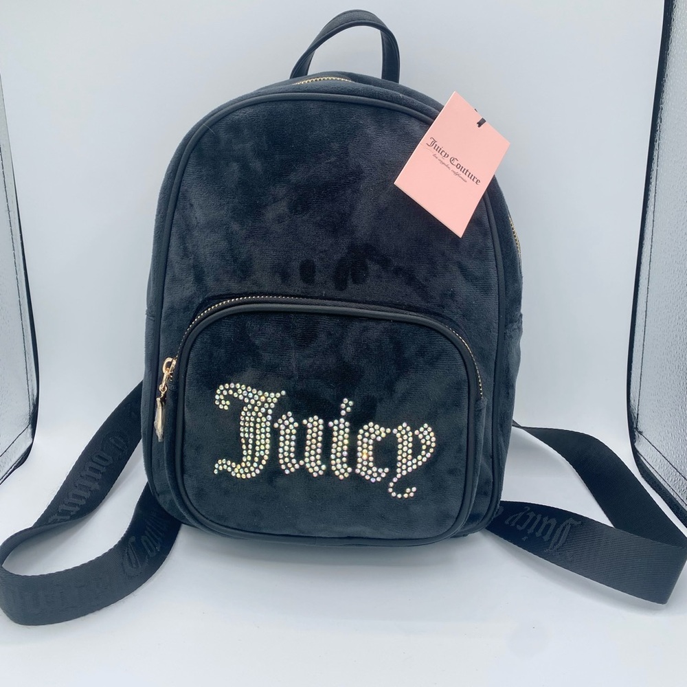 NEW Authentic Juicy Couture Obsession Backpack Velour Rhinestone Spellout Black